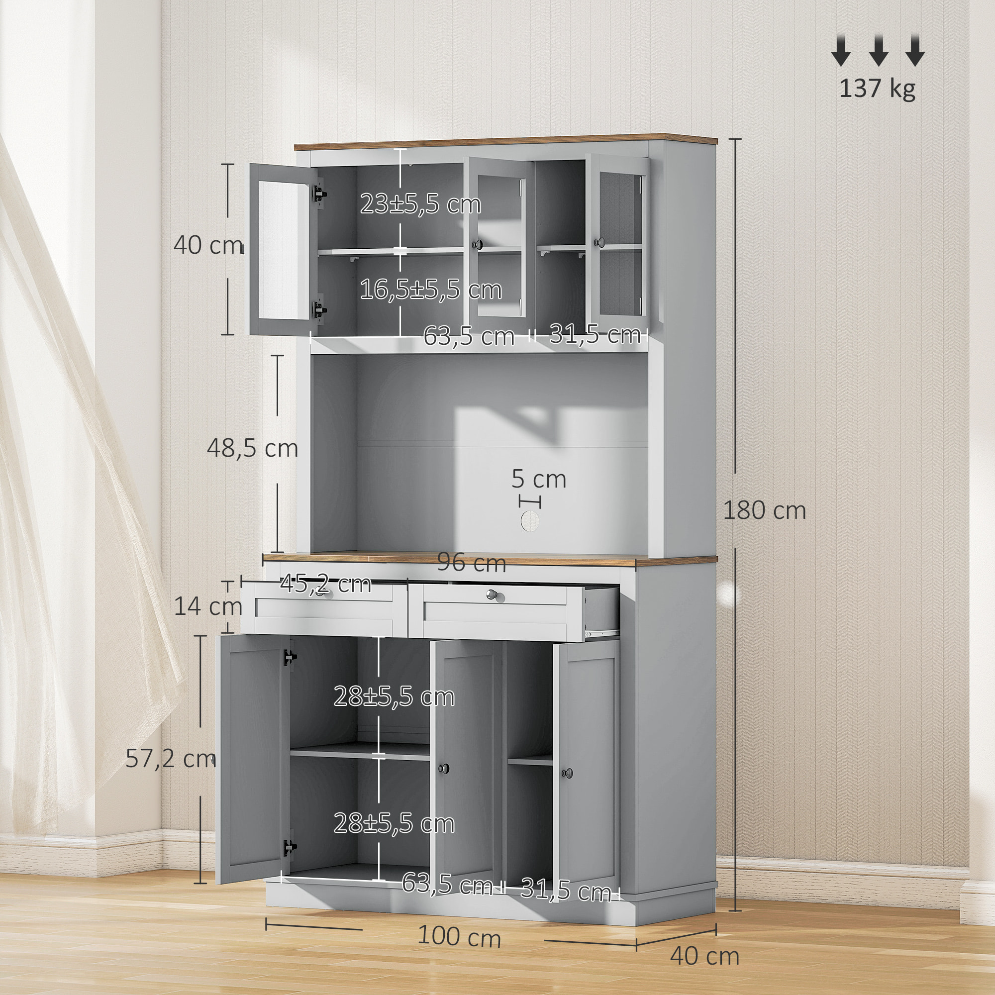 Alacena de Cocina, Mueble Auxiliar de Cocina, con 3 Puertas de Vidrio, Encimera Abierta para Microondas, 2 Cajones y Estantes Ajustables, 100x40x180 cm, Gris