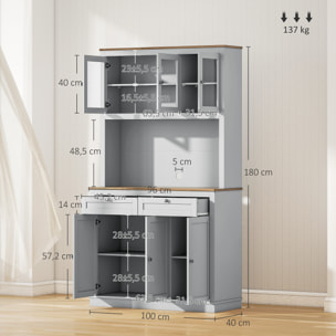 Alacena de Cocina, Mueble Auxiliar de Cocina, con 3 Puertas de Vidrio, Encimera Abierta para Microondas, 2 Cajones y Estantes Ajustables, 100x40x180 cm, Gris