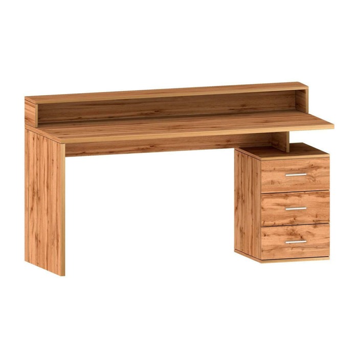 Scrivania Bardi, Scrittoio con sopralzo e luci LED, Scrivania ufficio multiuso, Scrivania salvaspazio multi posizione, 160x60h90 cm, Rovere