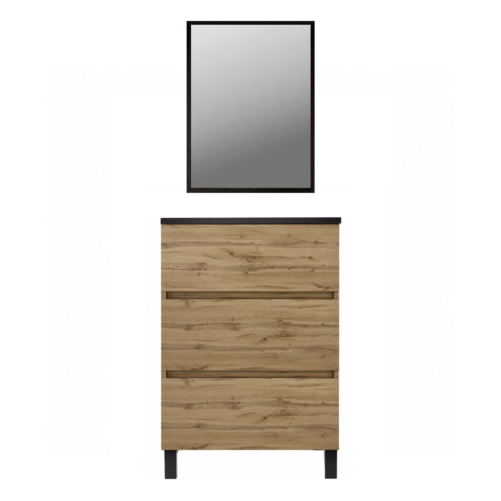 Pack Meuble Salle de Bains 50cm Chêne Naturel 3 Tiroirs, Vasque Noire et Miroir 50x70 à Cadre Noir