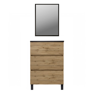 Pack Meuble Salle de Bains 50cm Chêne Naturel 3 Tiroirs, Vasque Noire et Miroir 50x70 à Cadre Noir