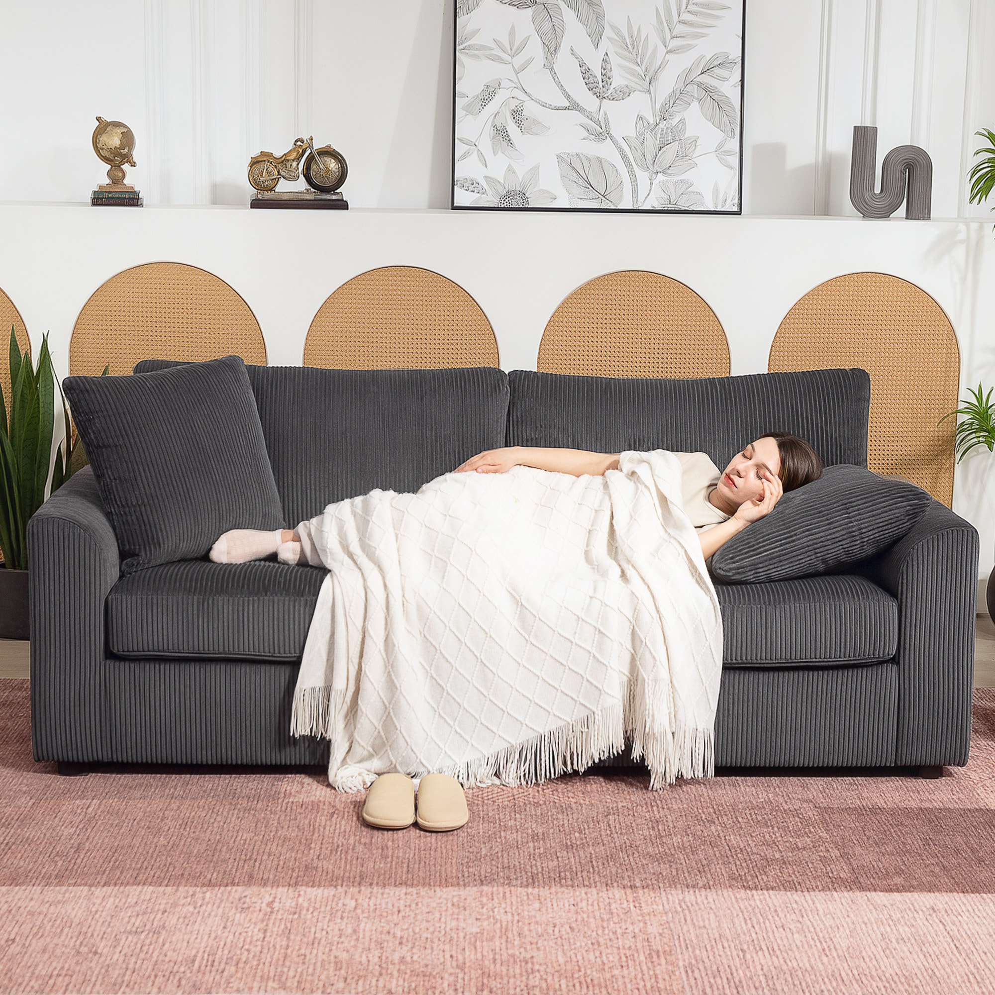 Sofá de 3 Plazas Sofá de Salón 212x80x88 cm Tapizado en Pana con 2 Almohadas Reposabrazos y Cojín de Muelles Diseño Moderno para Sala de Estar Dormitorio Gris Oscuro