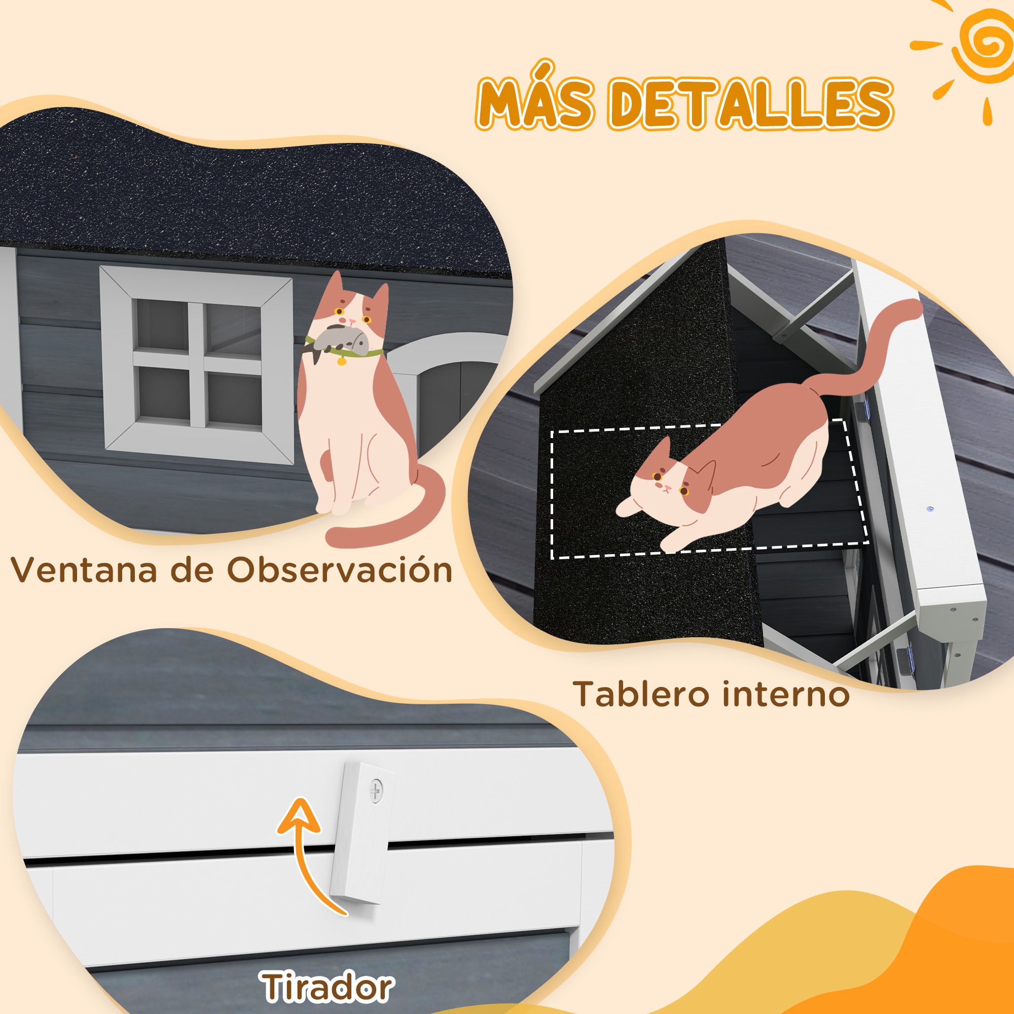 PawHut Casa para Gatos de Madera Caseta para Gatos con Techo Asfáltico Abatible Ventana y Puertas con Cortina Refugio para Mascotas para Exterior 77x57,5x68 cm Gris y Negro