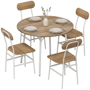 Ensemble table à manger ronde 4 chaises dia. 1 m métal blanc effet bois naturel