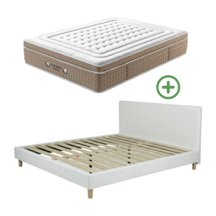 Ensemble matelas Bali & lit fixe Colisée | Mémoire de forme et ressorts ensachés | cadre à lattes | Simili cuir | Blanc