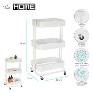 Well home carro de cocina de hierro en blanco con ruedas y 3 cajones