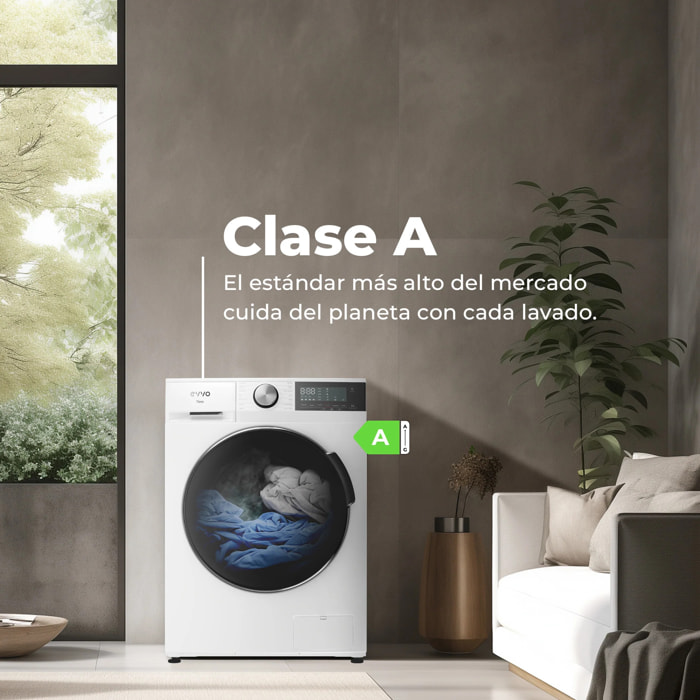 EVVO Lavadora Nova 8 8 kg, 1350 rpm, Clase A, motor inverter, tambor diamante ePROTECT, vapor, 14 programas, 15’ rápido, blanco