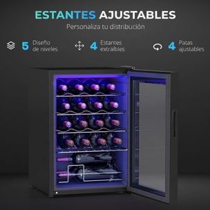 HOMCOM Vinoteca 20 Botellas, Nevera para Vinos con Compresor, Puerta de Doble Cristal Anti-UV, Temperatura 5-18°C, Pantalla Táctil, 4 Estantes Regulables, Luz LED Interior, Silenciosa 39DB, Negro