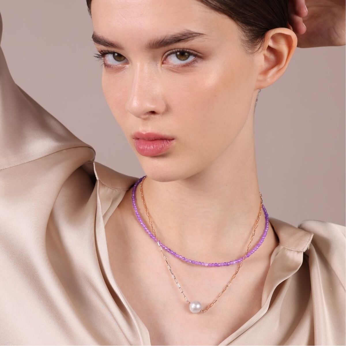 PERLAVIVA - Doppia Collana con Quarzite Viola con Perla Ming Bianca Ø 11 mm in Argento 925 placcato Oro Rosa 18Kt