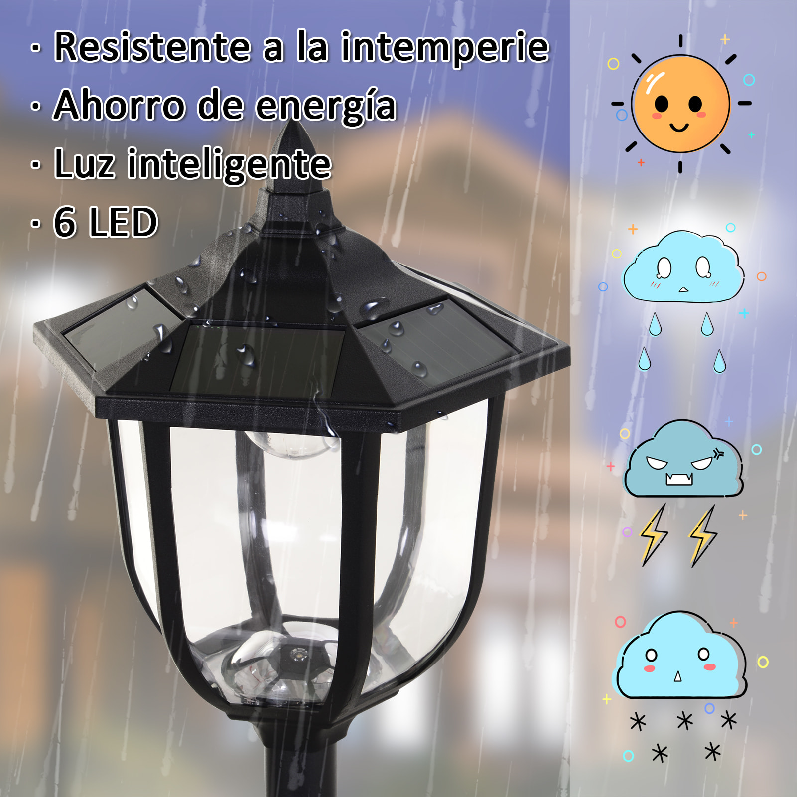 Conjunto de 2 Farolas Solares Luces de Solar para Jardín con Panel Solar Encendido Automático Protección al Ambiente y 6 Luces LED para Terraza Patio Ø26,5x177 cm Negro