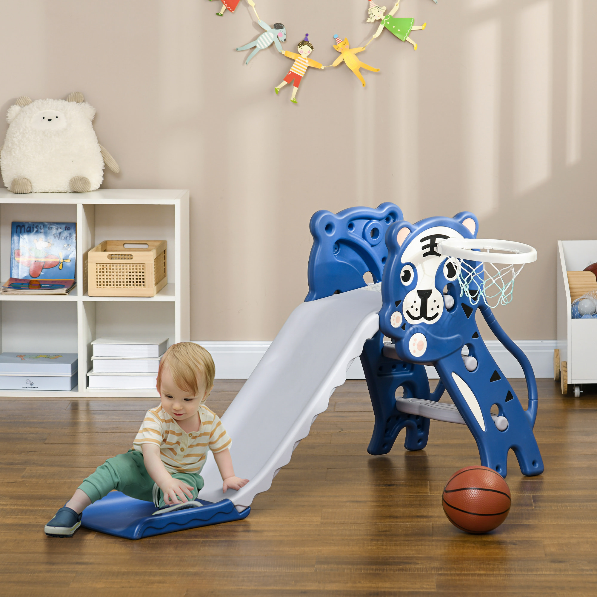 Tobogán Infantil 2 en 1 Tobogán para Niños de 18 a 36 Meses con 2 Escaleras 1 Canasta de Baloncesto y Patrón de Tigre para Interior 133x60x70 cm Azul y Gris