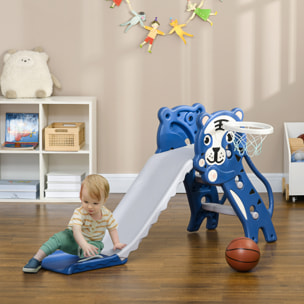 Tobogán Infantil 2 en 1 Tobogán para Niños de 18 a 36 Meses con 2 Escaleras 1 Canasta de Baloncesto y Patrón de Tigre para Interior 133x60x70 cm Azul y Gris