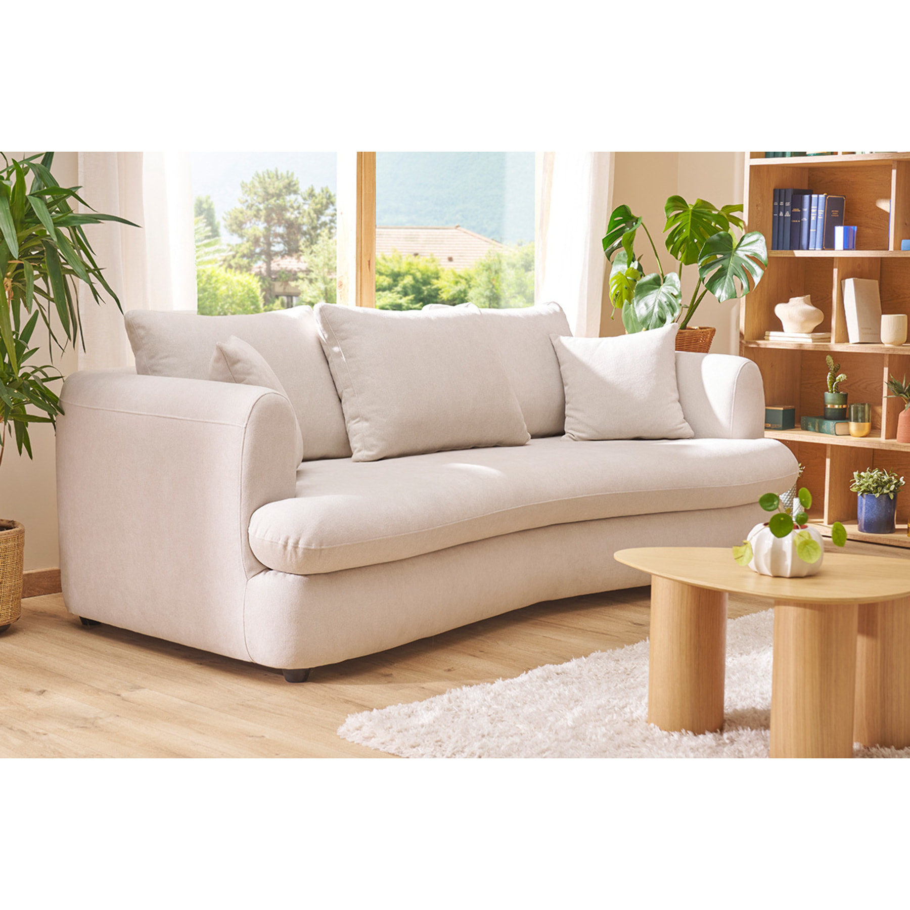 Canapé convertible déhoussable 3-4 places design haricot en tissu effet velours beige clair SACHA