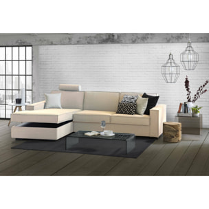 Divano letto con penisola Albenga, Sofà apertura girevole, Penisola contenitore Sinistra, Braccioli slim, 100% Made in Italy, Cm 260x95h90, Beige