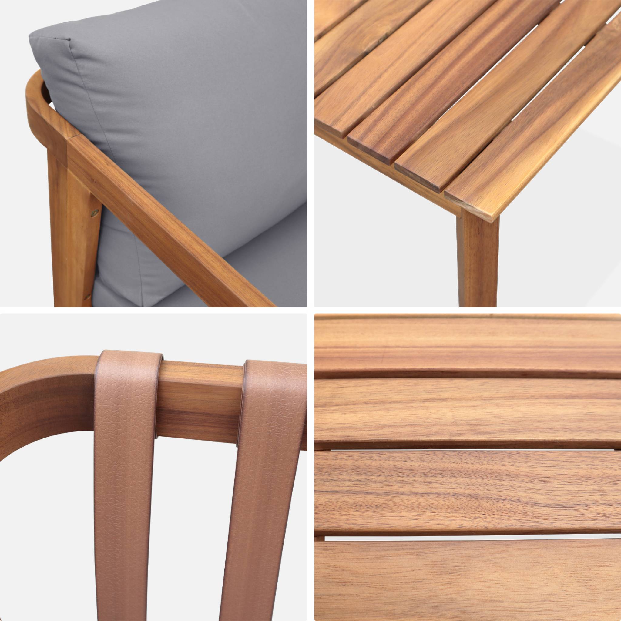 Salon de jardin gris 4 places LOBERIA. bois d'acacia dossier avec lanières effet cuir