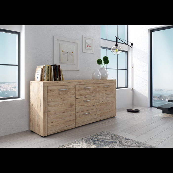 Credenza Madia Con 3 Cassetti E 2 Ante Laterali Mobile Contenitore Per Sala Da Pranzo Design Moderno Effetto Legno Naturale 167 x 77 x 41 cm Rovere