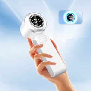 Ventilador portátil S1061 con 199 velocidades de regulación continua, pantalla LCD y visualización en tiempo real del nivel de batería. Incluye lanyard para colgar.