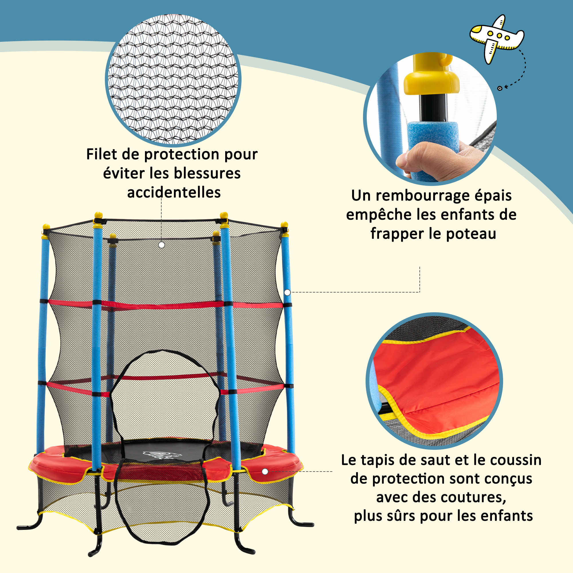 Trampoline de jardin enfant Ø 1,65 × 1,62H m filet de sécurité porte zipée couvre-ressorts + 6 poteaux rembourrés inclus rouge bleu noir