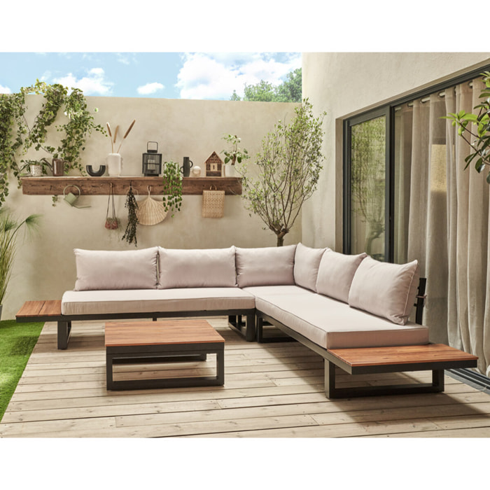 Salome - salon bas de jardin 5 places + table - modulable - bois, métal et coussins beiges - Noir, bois et beige
