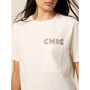 Oltre - Camiseta con bordado de joya y bolsillo - Blanco