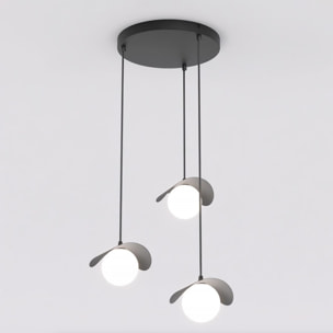 Lampada a sospensione Ritual a tre luci in acciaio nero e vetro
