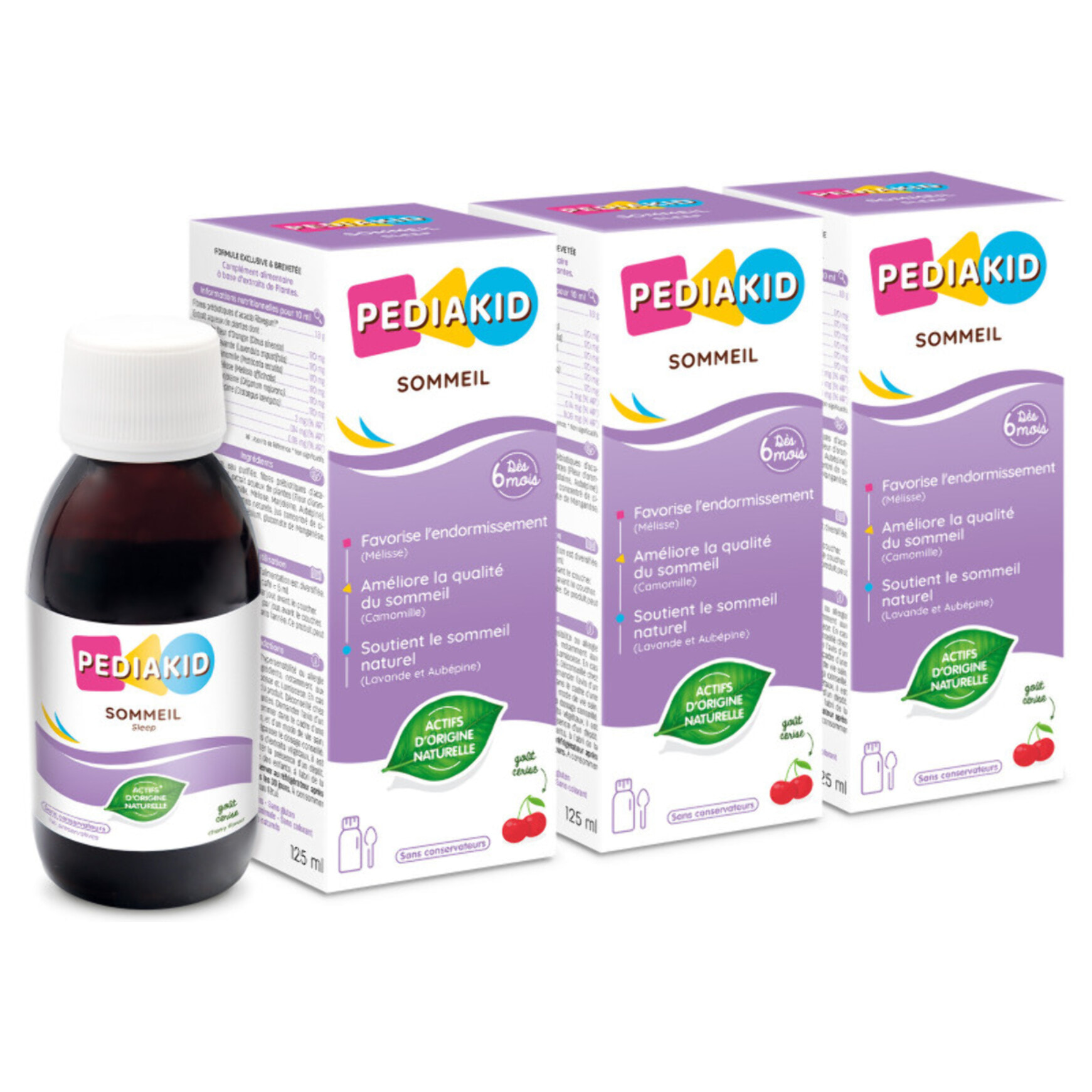 PEDIAKID - Sirop Sommeil - Complément Alimentaire Naturel - Formule Exclusive au Sirop d'Agave - Améliore la Qualité du Sommeil - Favorise l'Endormissement - Arôme Cerise - Lot de 3 sirops 125ml
