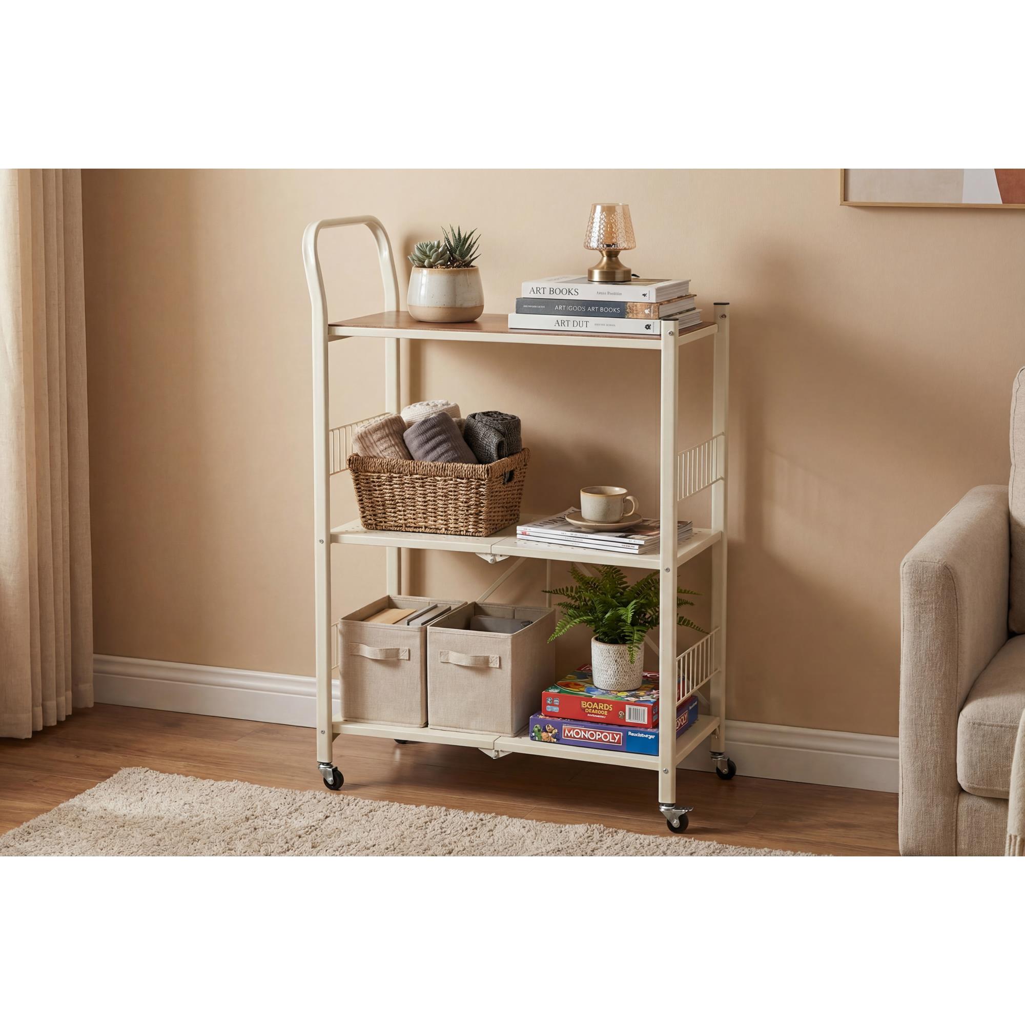 Carito de almacenaje plegable de 3 estantes con ruedas color blanco