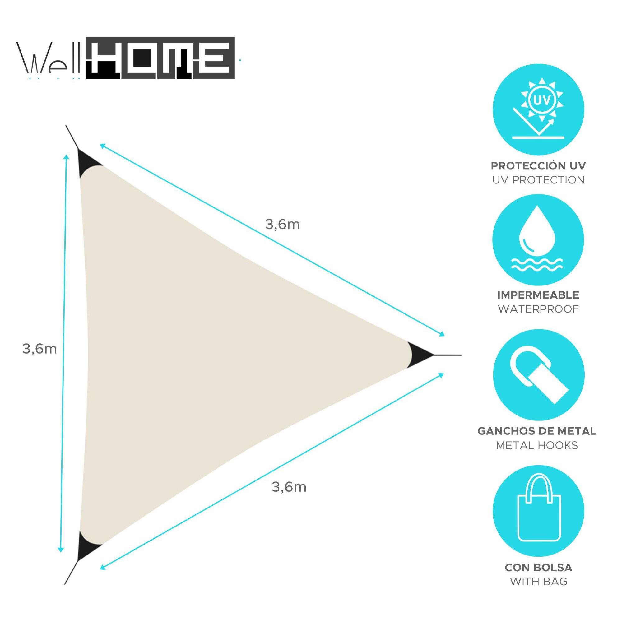 Well Home Sombrilla Triángulo de Sombra en Poliéster 36x36x36cm, Crema UPF 50+ con Ganchos de Metal y Bolsa de Transporte