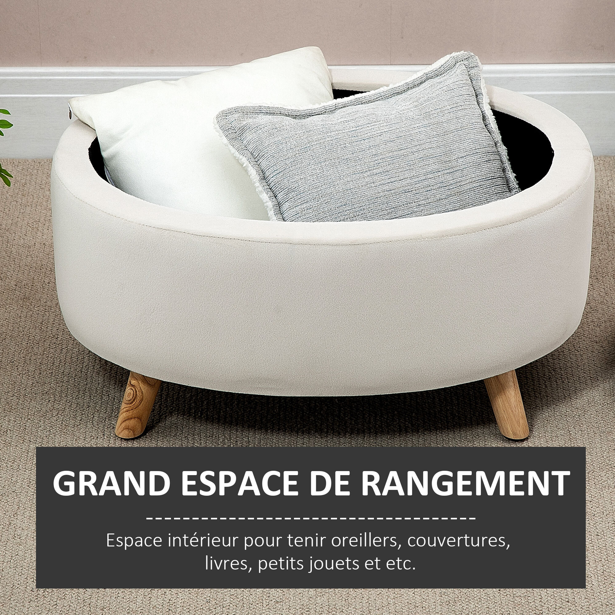 Pouf coffre de rangement - repose-pieds velours - dim. 71 x 51,5 x 42 cm - piètement bois hévéa beige