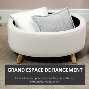 Pouf coffre de rangement - repose-pieds velours - dim. 71 x 51,5 x 42 cm - piètement bois hévéa beige