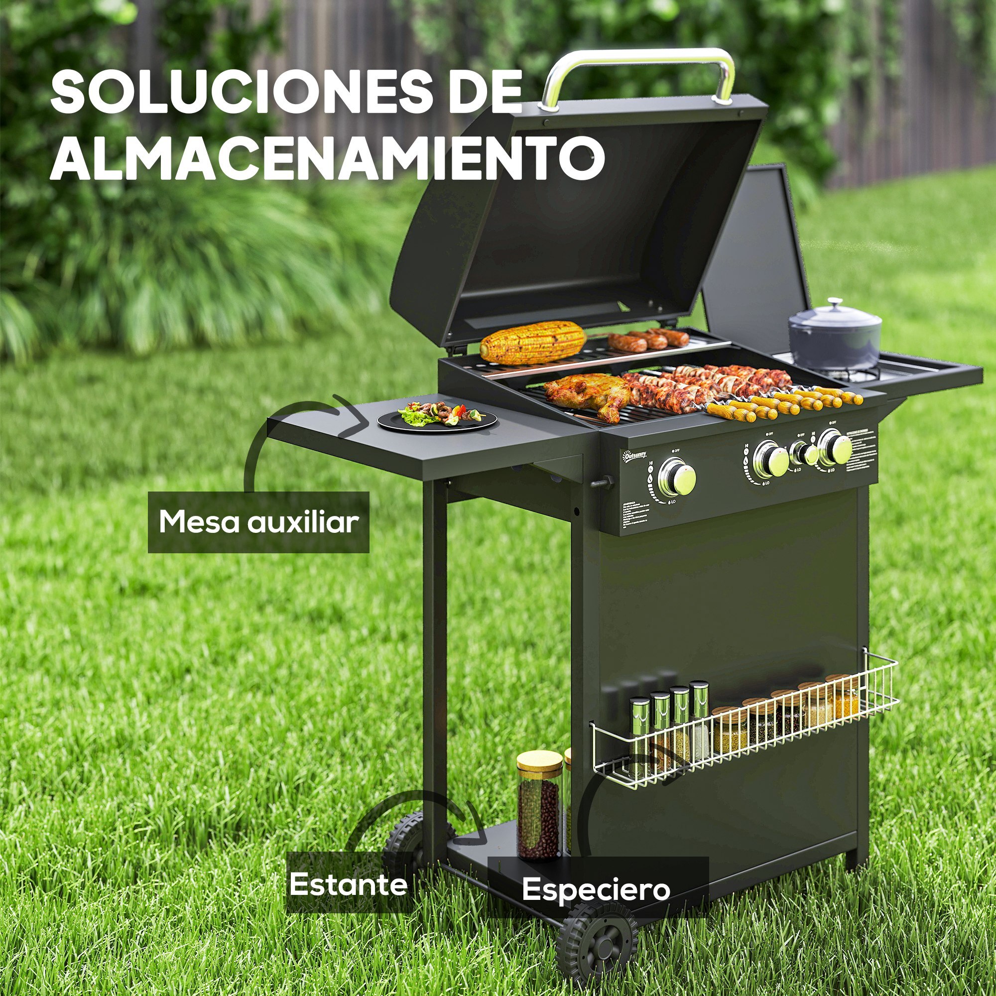 Barbacoa de Gas BBQ Gas con 3+1 Quemadores 8,5 kW Barbacoa Portátil con Termómetro Mesa Lateral Parrilla Recogedor de Grasa 2 Ruedas para Jardín Exterior Camping Negro