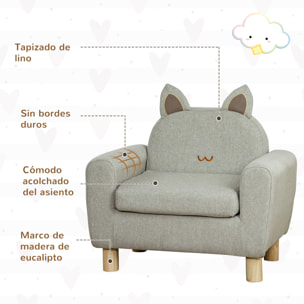 Sillón Infantil Mini Sofá para Niños de +3 Años con Asiento Acolchado Reposabrazos Bolsillo de Almacenamiento y Estructura de Madera Carga 45 kg 61x42x53 cm Gris