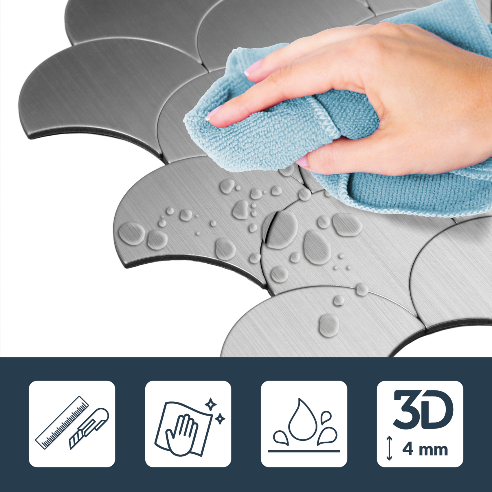 Crédence adhésive murale 3D  - Effet écailles 4 pièces - Argent