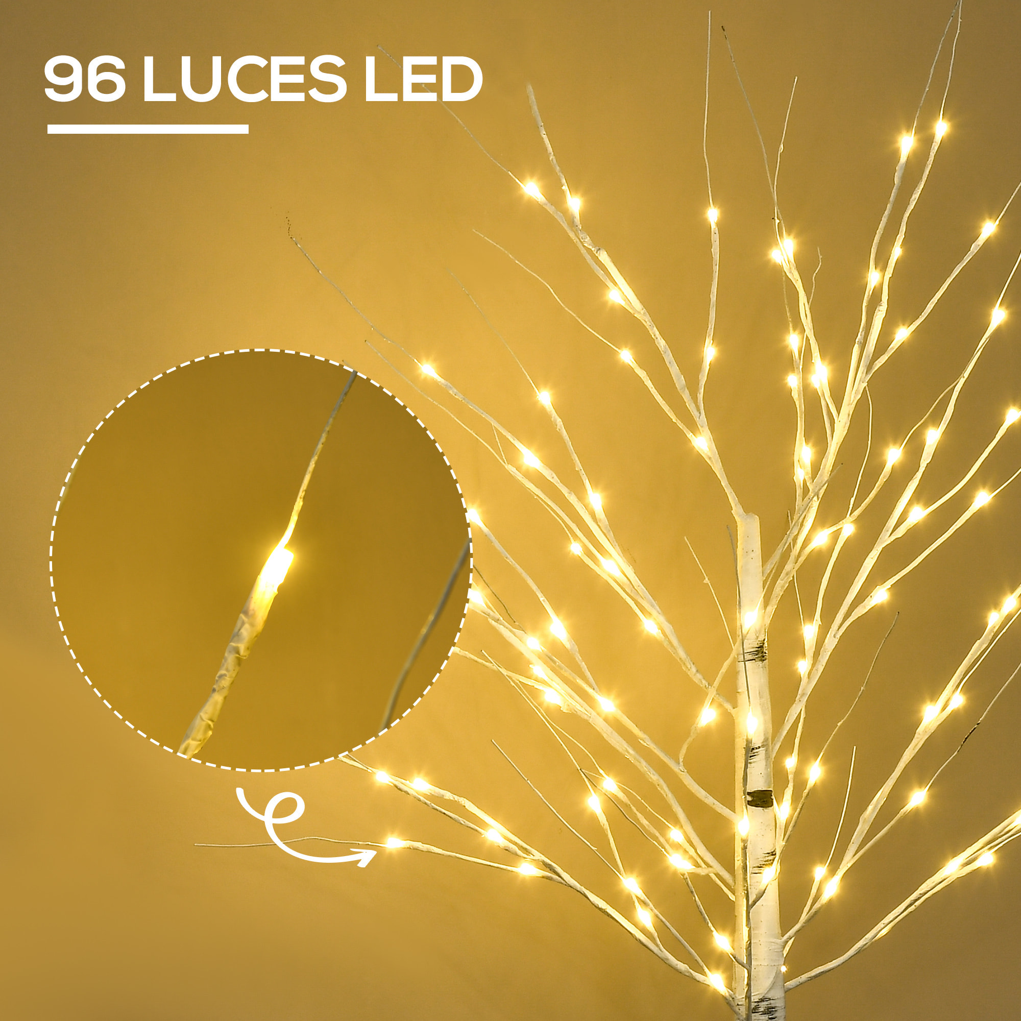 árbol de Abedul 150cm con 96 Luces LED IP44 Ramas Flexibles para Interior Blanco