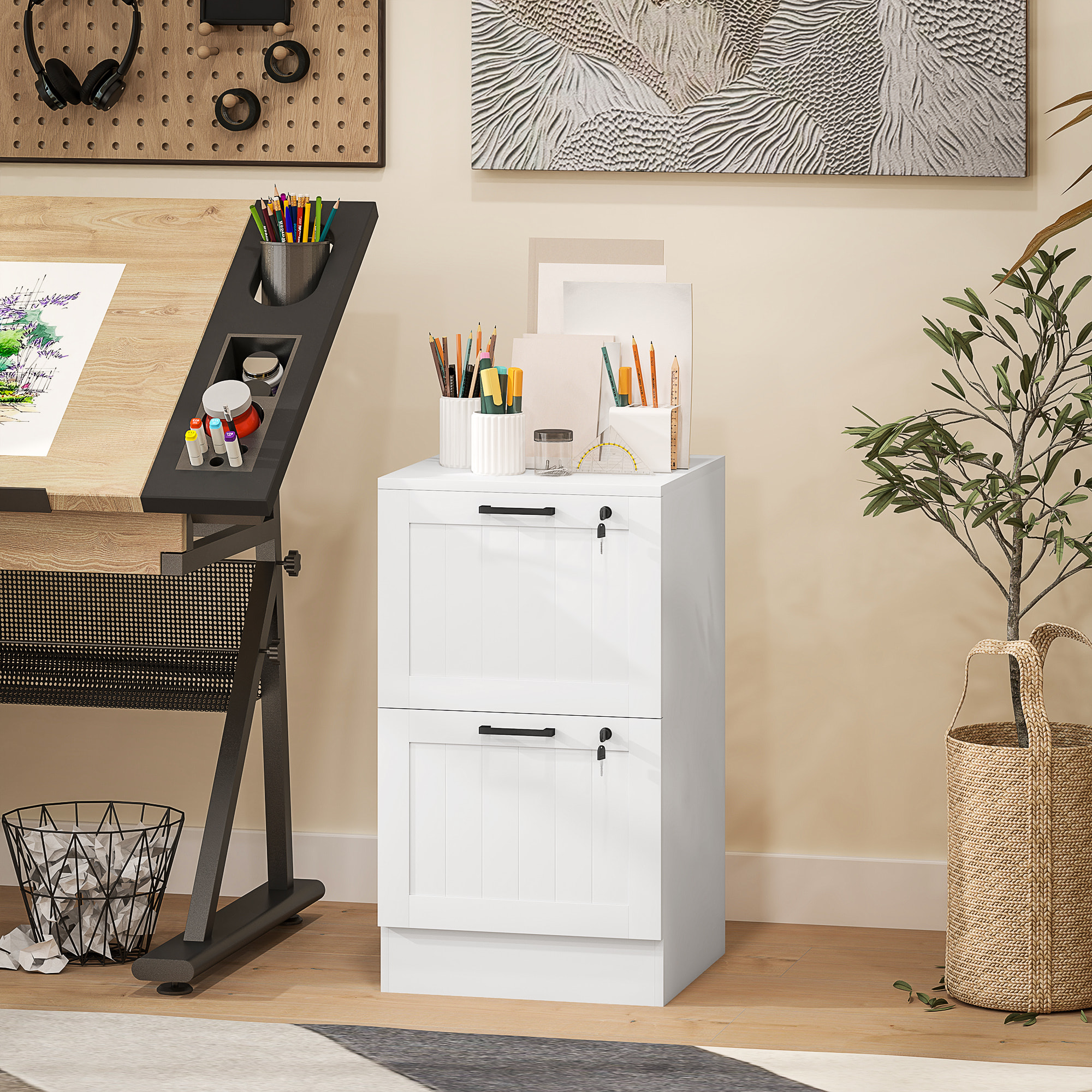 Caisson bureau 2 tiroirs verrouillables dossiers suspendus dim. 40x40x71cm MDF blanc