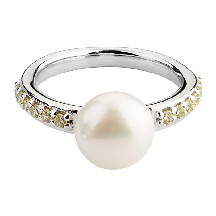 PERLAVIVA - Anello Solitario in Argento 925 placcato Oro Bianco 18Kt con Cubic Zirconia Gialle e Perla Bianca d'Acqua Dolce Ø 9 mm