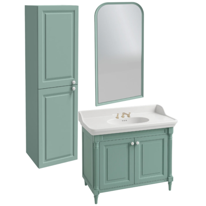 Pack meuble vasque 3 trous Cléo 1889 vert velours + colonne gauche + miroir + mélangeur poignés or