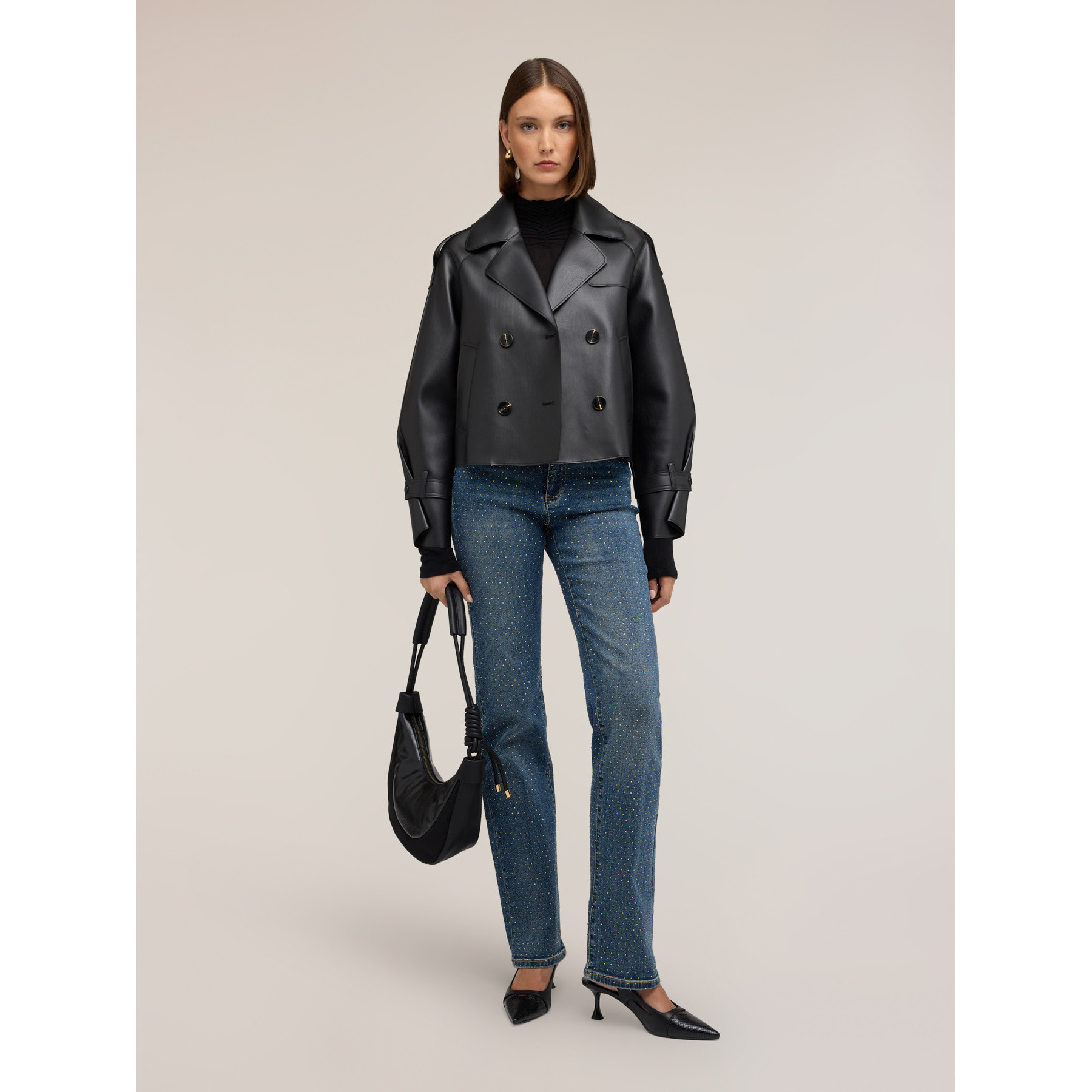 Motivi - Trench corto doble botonadura efecto brillante - Negro