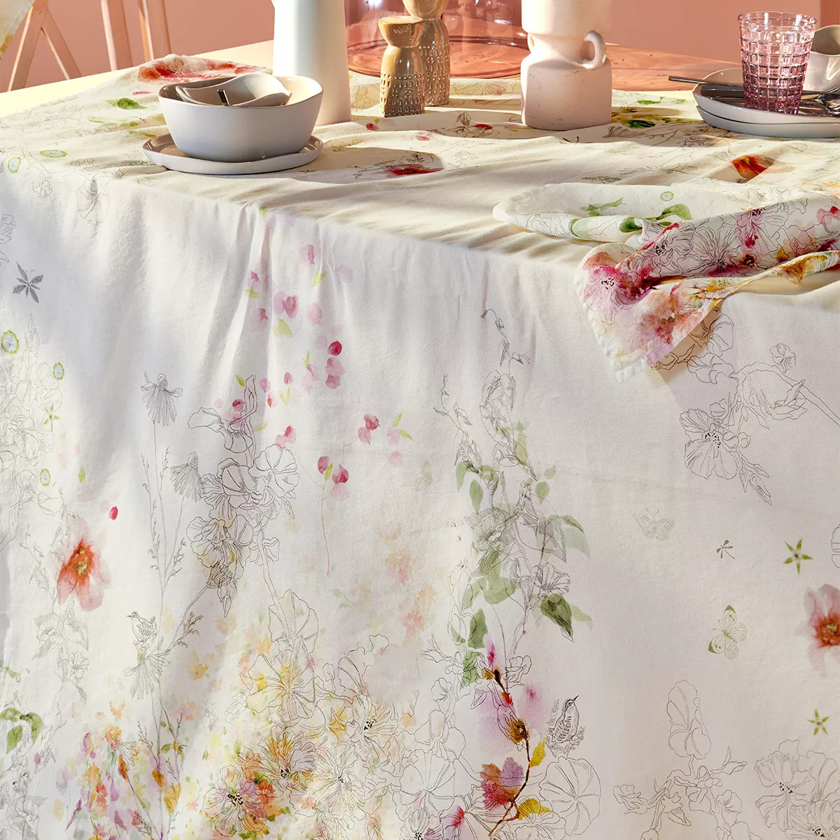 Nappe Jardin sauvage blanc lavé