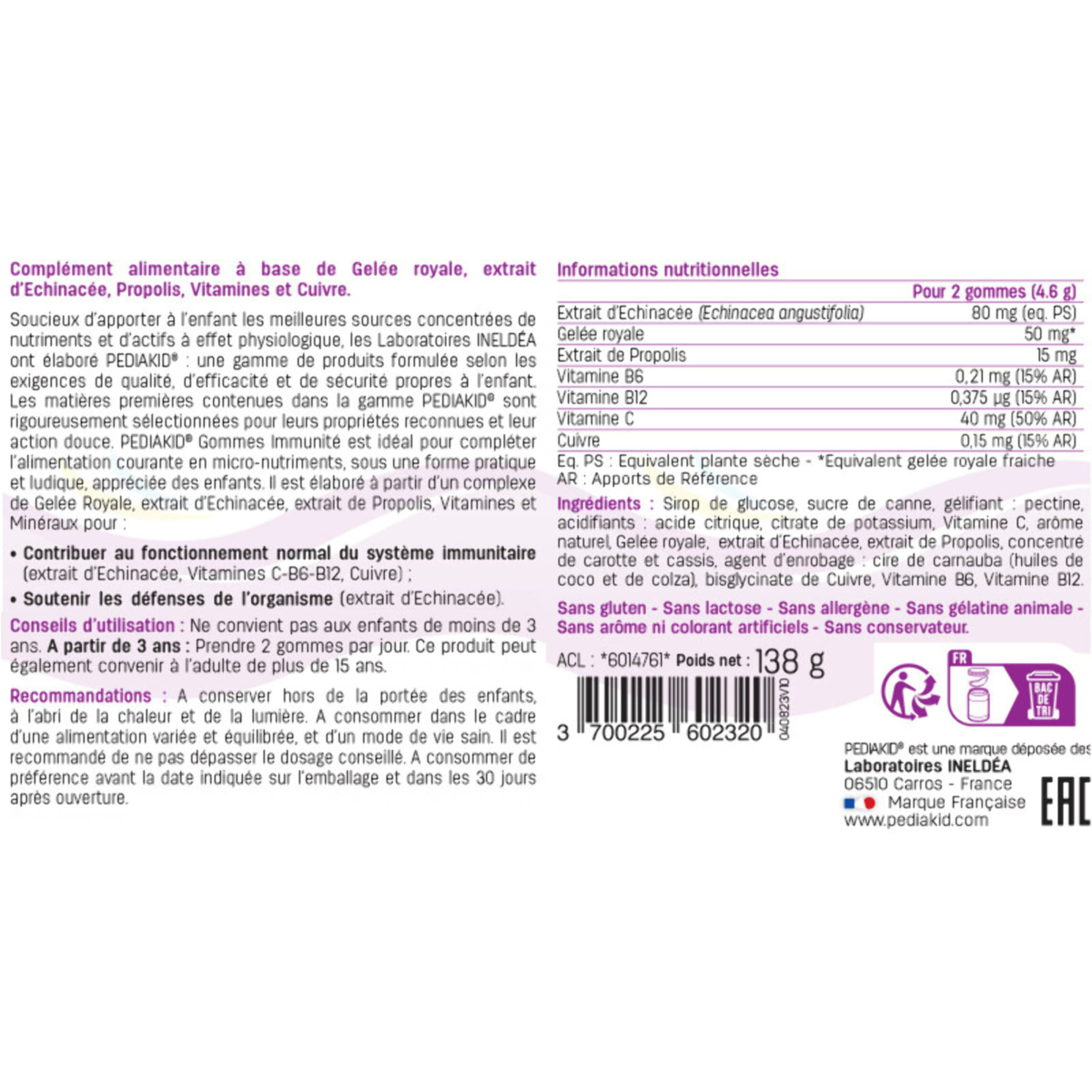 PEDIAKID - Gommes Immunité - Formule Naturelle au Délicieux Arôme de Framboise - Contribue au Fonctionnement Normal du Système Immunitaire - Soutient les Défenses de l'Organisme - 60 gommes