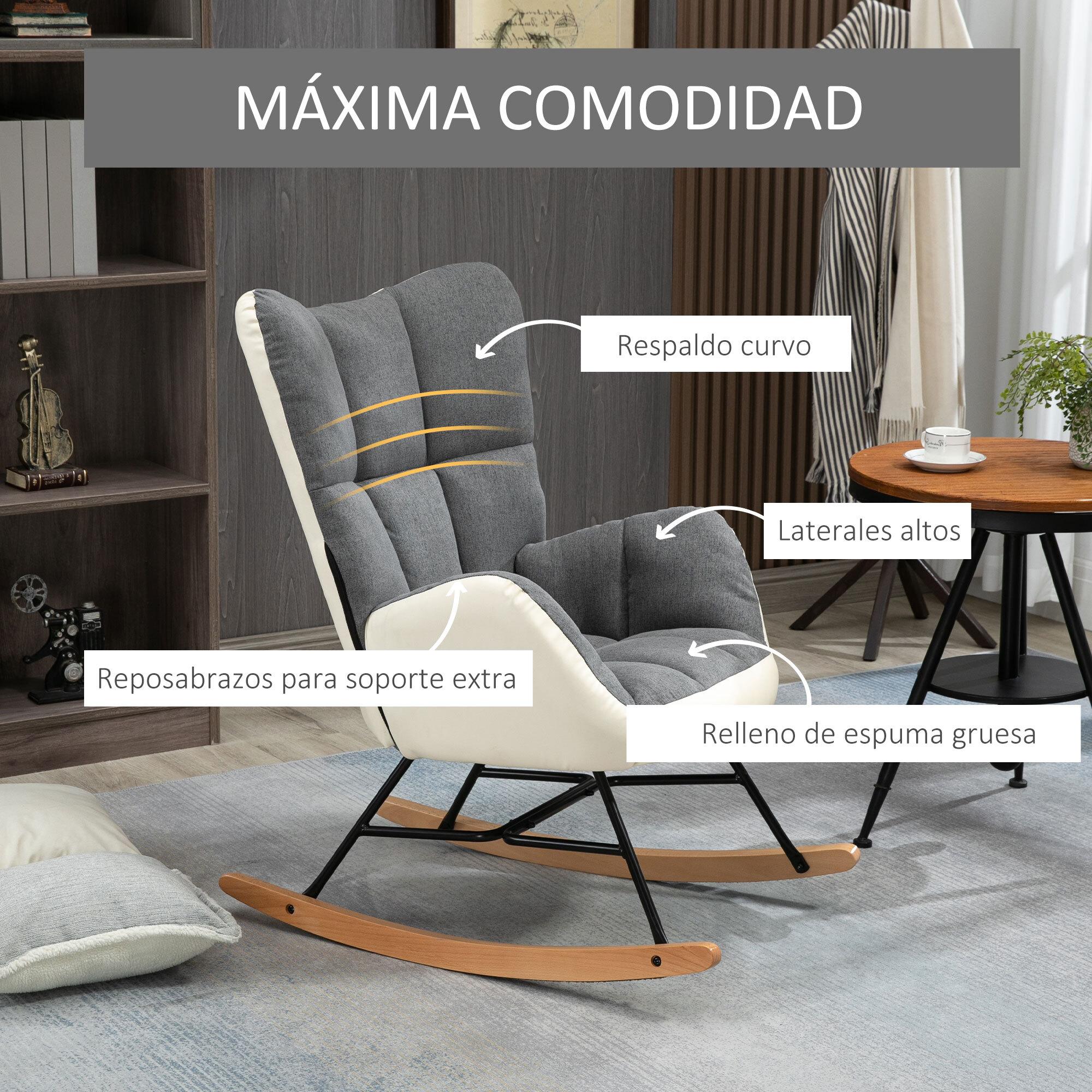 Sillón Mecedora Silla Balancín Tapizada en Lino Moderno con Respaldo Alto y Patas de Madera para Salón Dormitorio Carga 150 kg 42x46x47 cm Gris