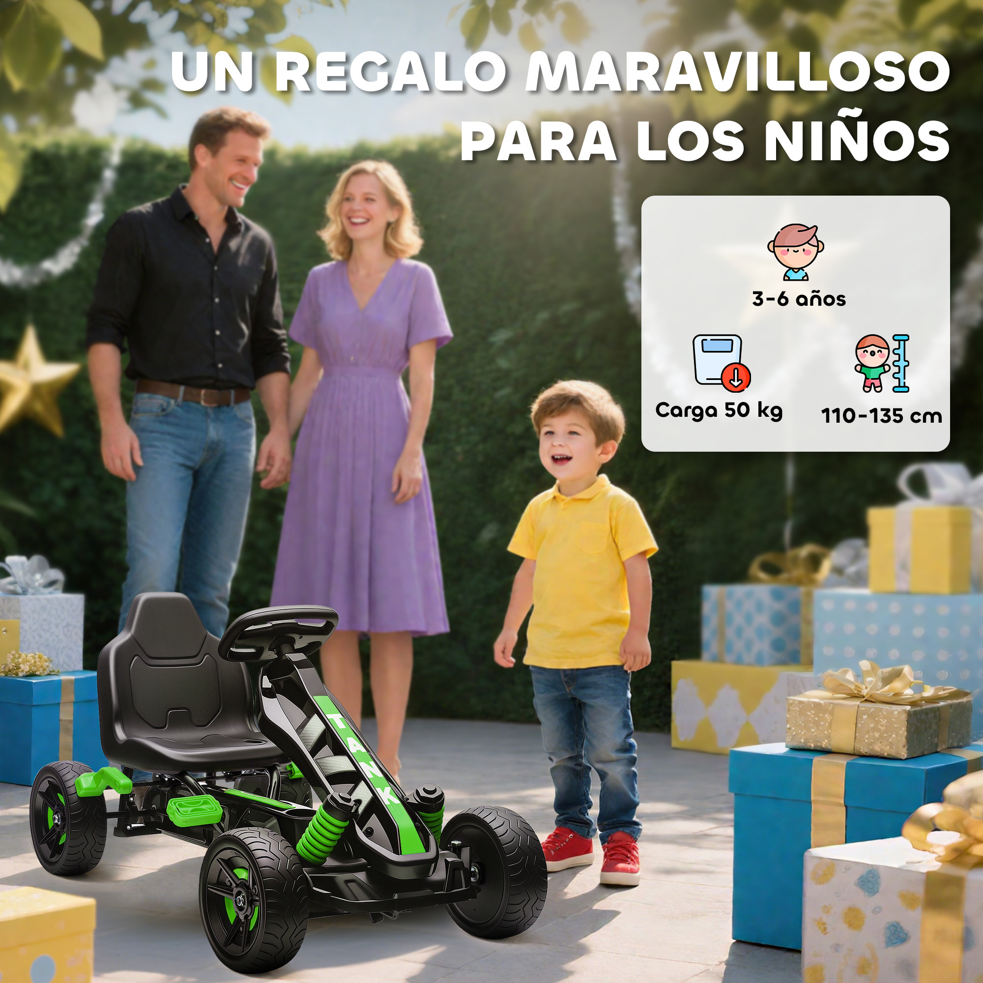 Kart Pedales para Niños de +3 Años Go Kart con Embrague Automático Freno Ruedas Antideslizantes de EVA y Marco Metálico Carga 50 kg Verde