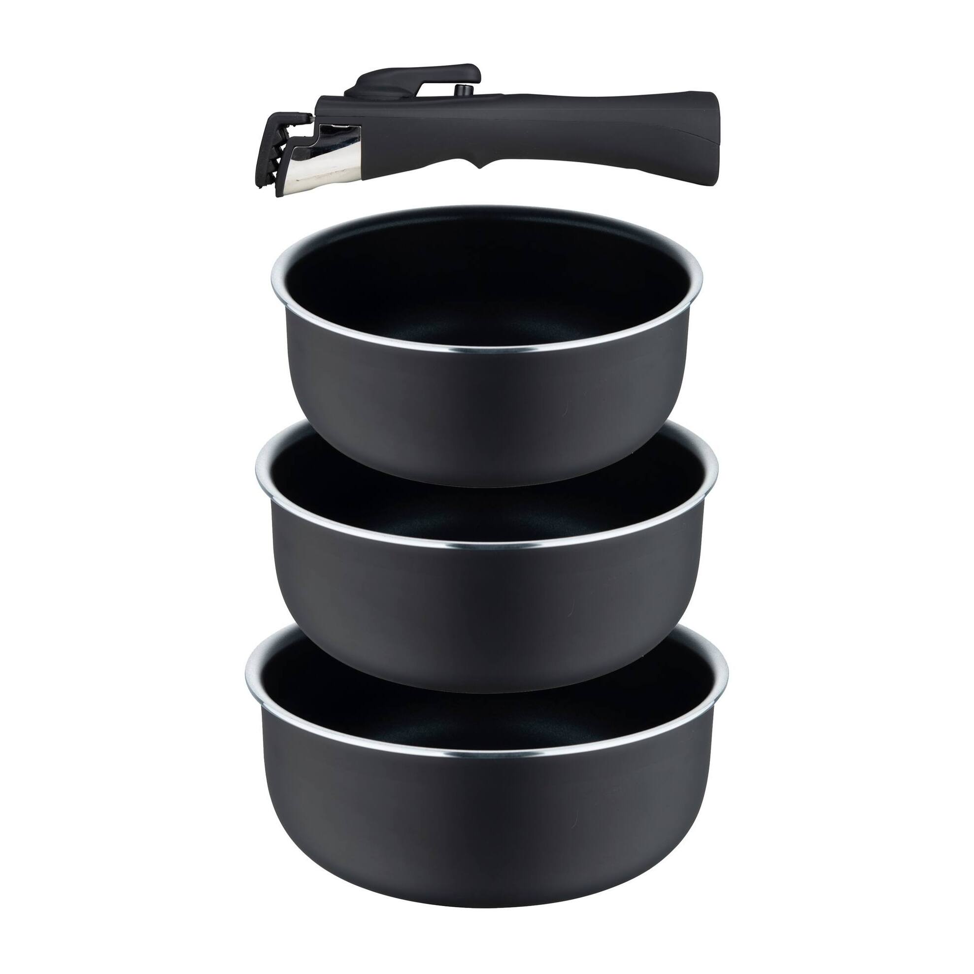 juego de 3 cazos ø16ø18ø20cm aluminio prensado negro y heat dot + mango desmontable