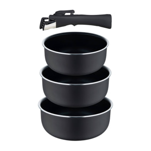 juego de 3 cazos ø16ø18ø20cm aluminio prensado negro y heat dot + mango desmontable