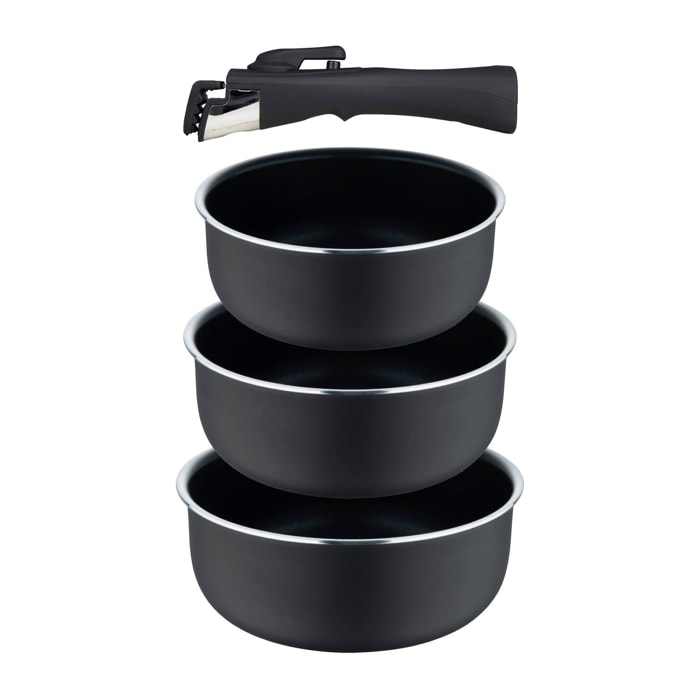 juego de 3 cazos ø16ø18ø20cm aluminio prensado negro y heat dot + mango desmontable