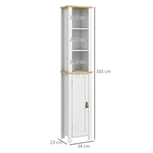 Meuble colonne rangement de salle de bain sur pied porte 2 étagères 3 niches aspect bois clair blanc