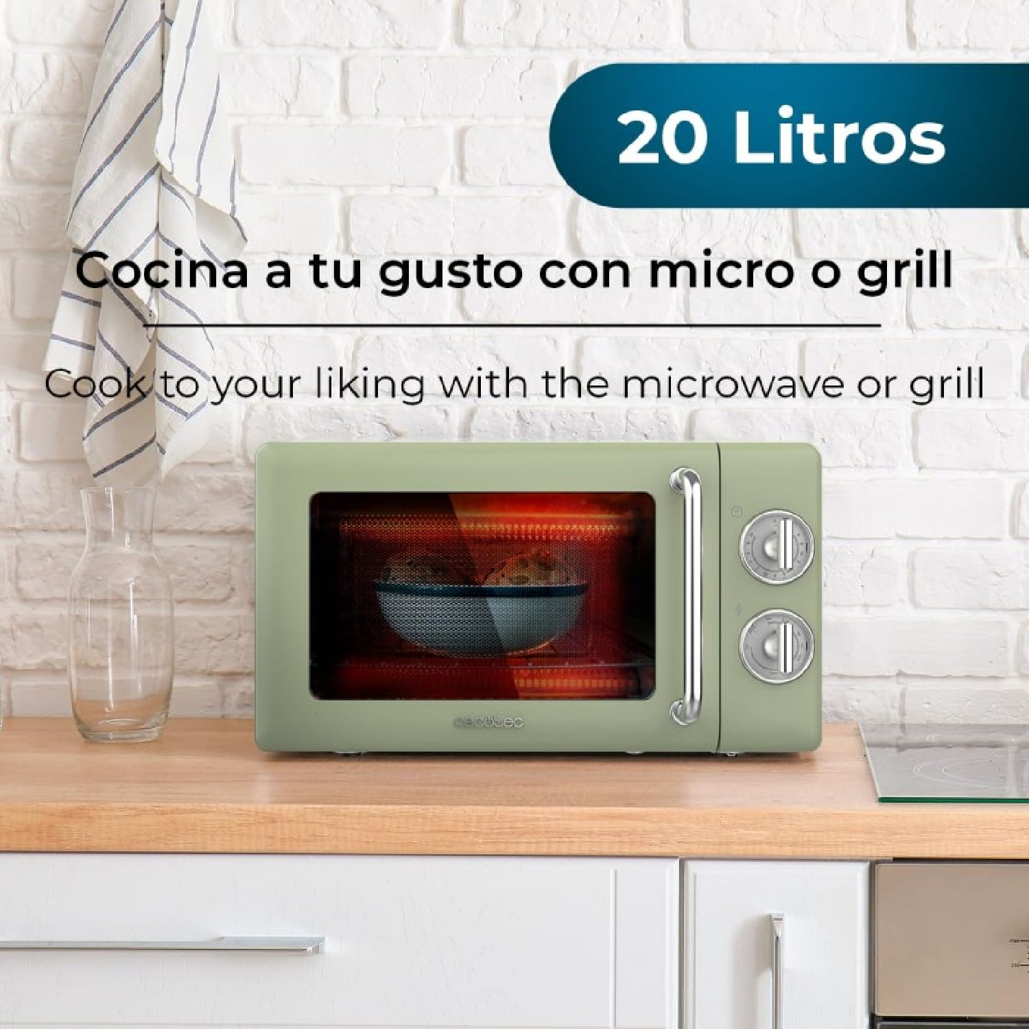 Cecotec Micro-Ondes Mécanique avec Grill Proclean 3110 Retro Vert. 20 L, 700 W e