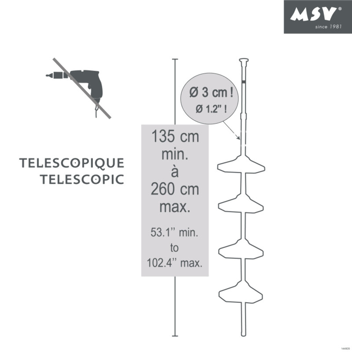 Etagère de douche d'angle auto-portée 135-260cm Blanc telescopique - Sans perçage - 4 tablettes MSV