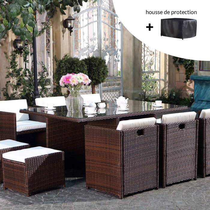 Salon de jardin 10 places marron/blanc + housse de protection REGINA