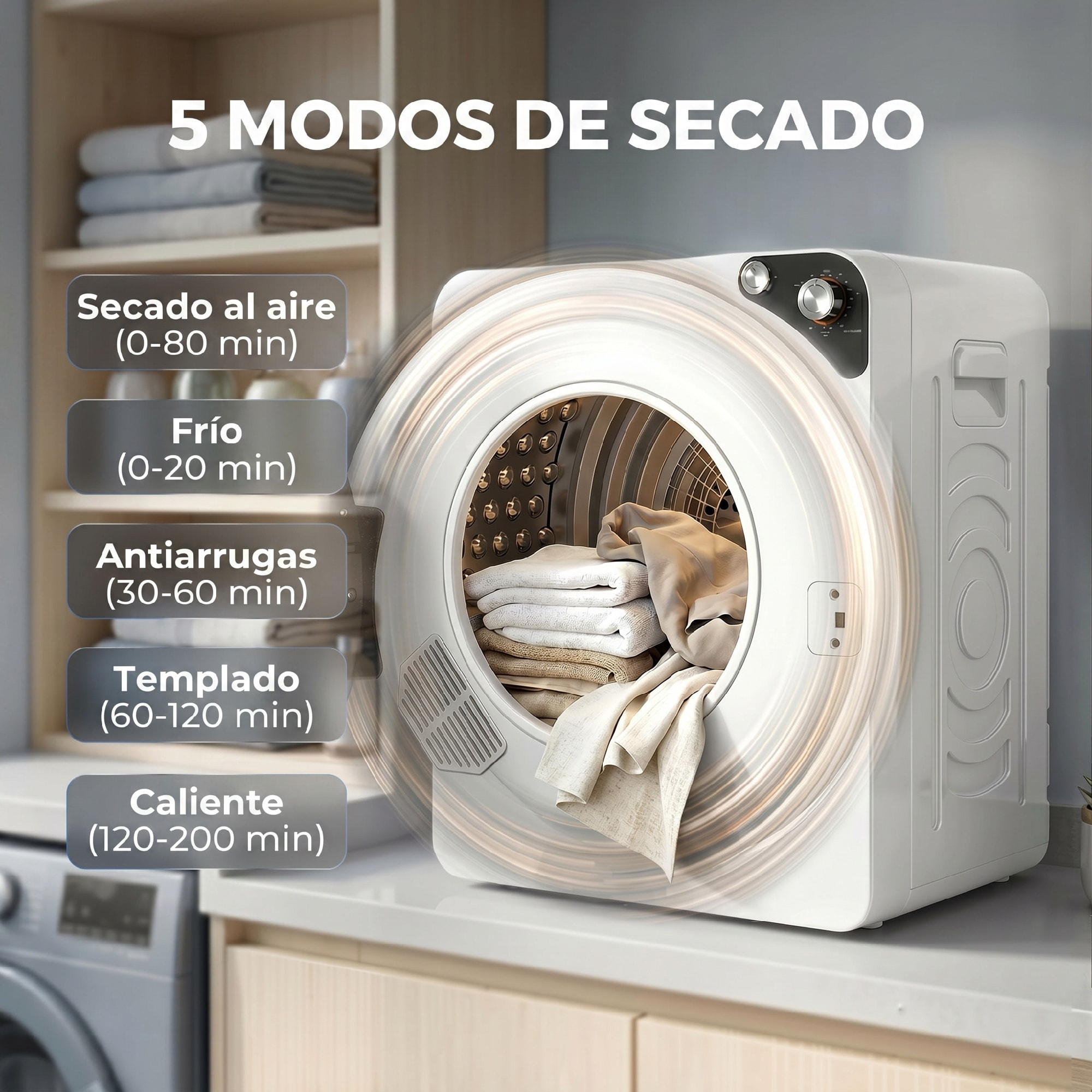 Secadora de Ropa 5 kg, Secadora de Evacuación Compacta 1000W, 5 Programas, Temporizador, Función Esterilizar, Tambor de Acero Inoxidable, Apilable o para Piso, Blanco